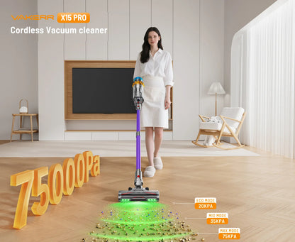 VAKERR X15 Pro 75KPA Cordless Vacuum Cleaner 750W Strong Suction Stick Vacuum 80Mins Runtime for Hard Floor Pet Hair and Carpet