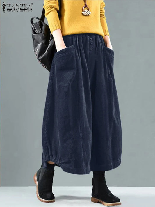 2024 ZANZEA Women Autumn Elastic Waist Long Skirt Vintage Corduroy Skirts Female Solid Loose Faldas Saia Jupe Casual Vestidos