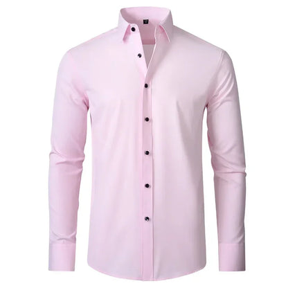 Men's long-sleeved shirt made of elastic fabric, wash-and-wear wrinkle-resistant business casual, silky smooth, pure color shirt
