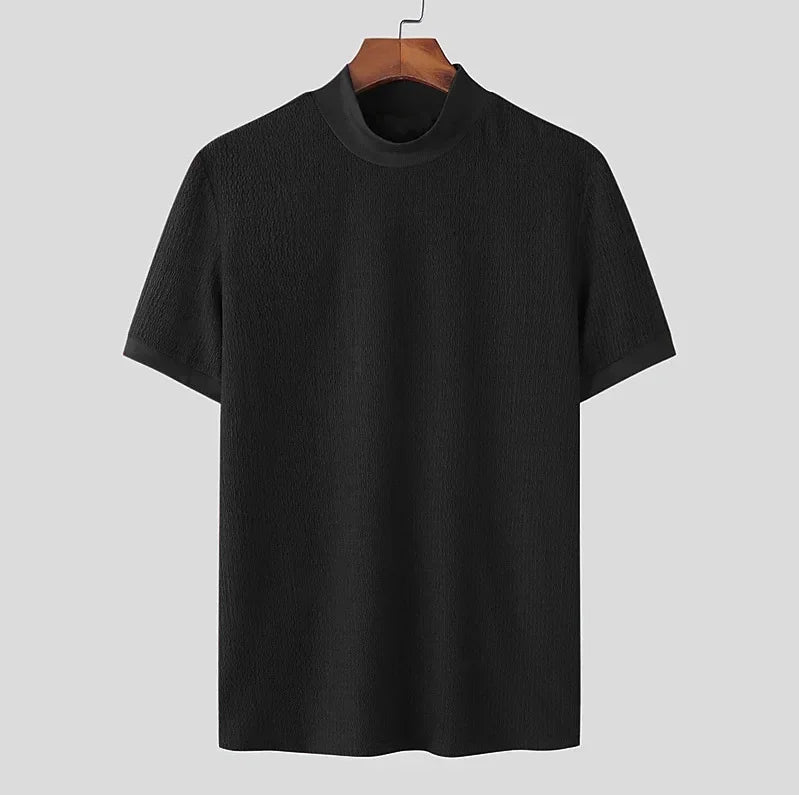 Summer New Casual Simple Knitted Base Shirt European and American Men's High Neck Water Ripple Solid Color T-Shirt