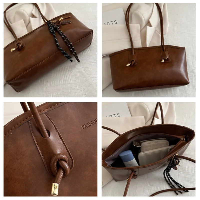 European American Retro Tote Bag, Korean Fashion Shoulder Bags Advanced Simple Handbag New Large Capacity Pendant Versatile Bags