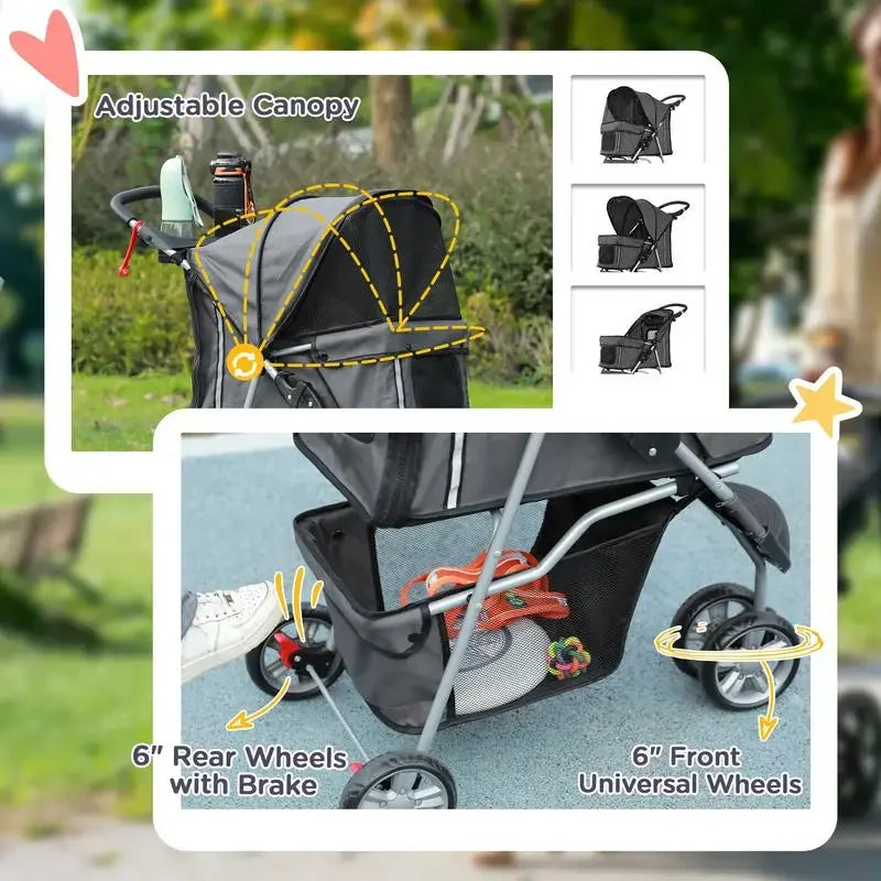 3 Wheel Pet Stroller for Small Dogs and Cats, Foldable Travel Pram with Breathable Mesh and Storage Bag, Sturdy Steel Frame for Walking, Charcoal Grey, 75x45x97 cm, Sturdy, Lightweight, Comfortable, Safe, Space Saving