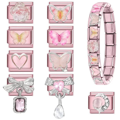 2025 New Women Romantic Pink Cherry Heart Shiny CZ Italian Charm Links Fit 9mm Bracelet Stainless Steel DIY Making Jewelry Gifts