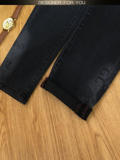 Spring and Autumn Korean Slim Jeans for Men 2025 High-end Luxury Clothing Black Printing Mid-waist Stretch Casual Pencil Pants