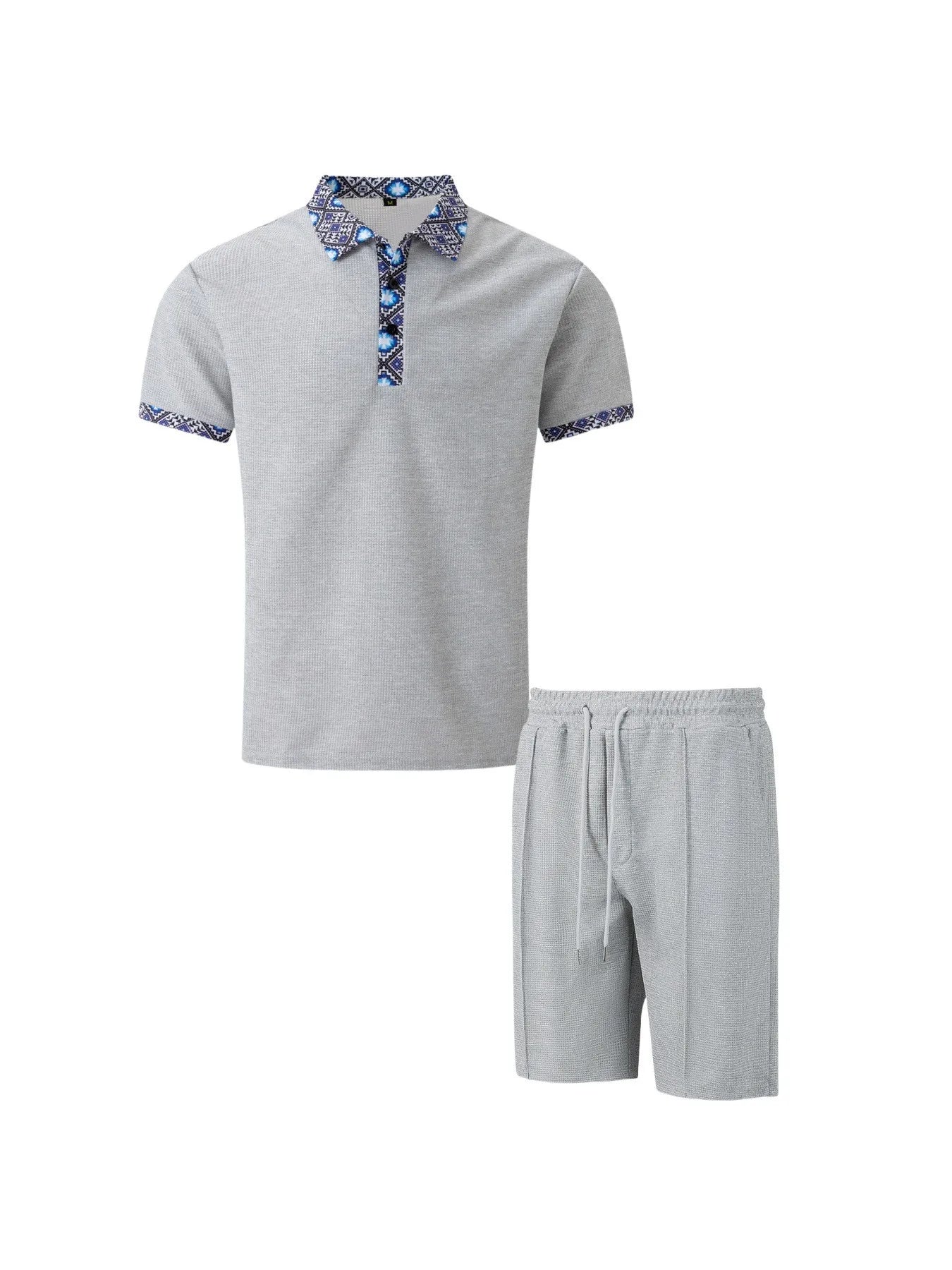 2026 Men Europe and the United States new summer Waffle solid color zip-up lapel short-sleeve suit shorts two sets