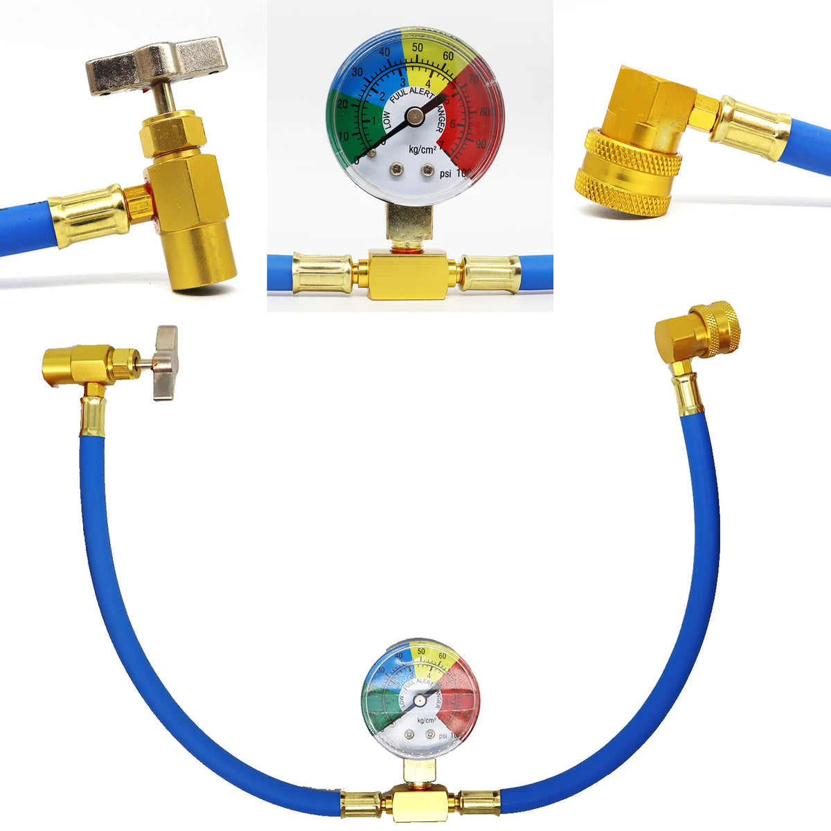 R134A Recharge Hose with Gauge, AC Can Tap Freon Charging Kit, 90° Low Side Quick Coupler for R134A R12 R22 A/C Refrigerant