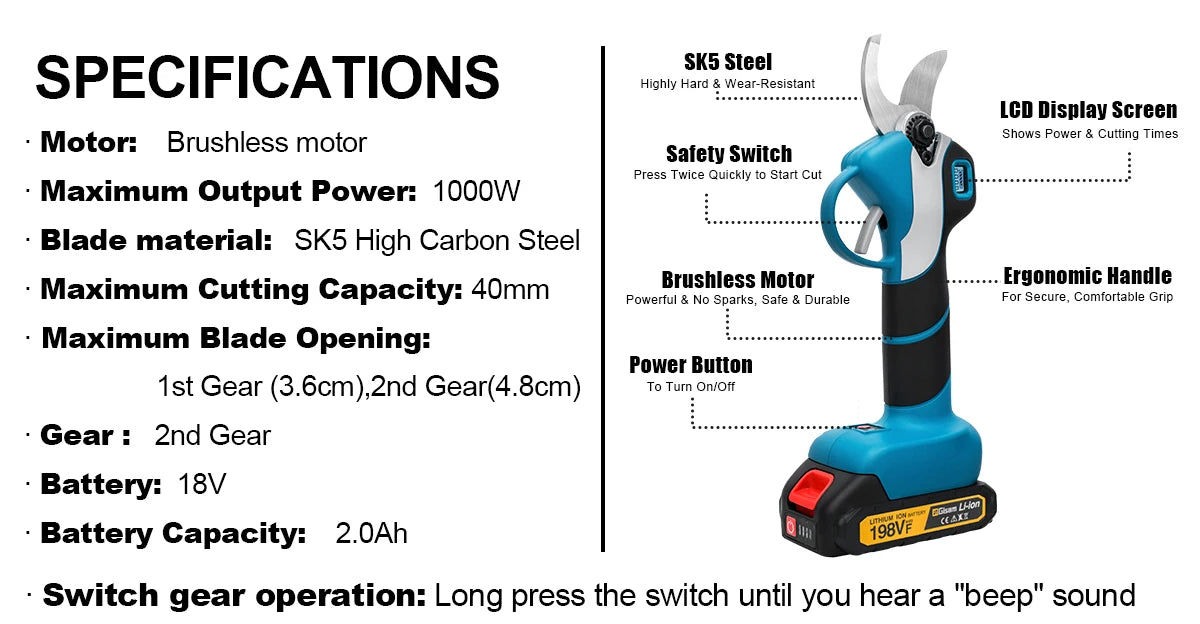 Gisam 1000W 40mm Electric Pruning Shears Brushless Cordless Pruner Shear Garden Tree Branches Cutter For Makita 18V Battery Pins