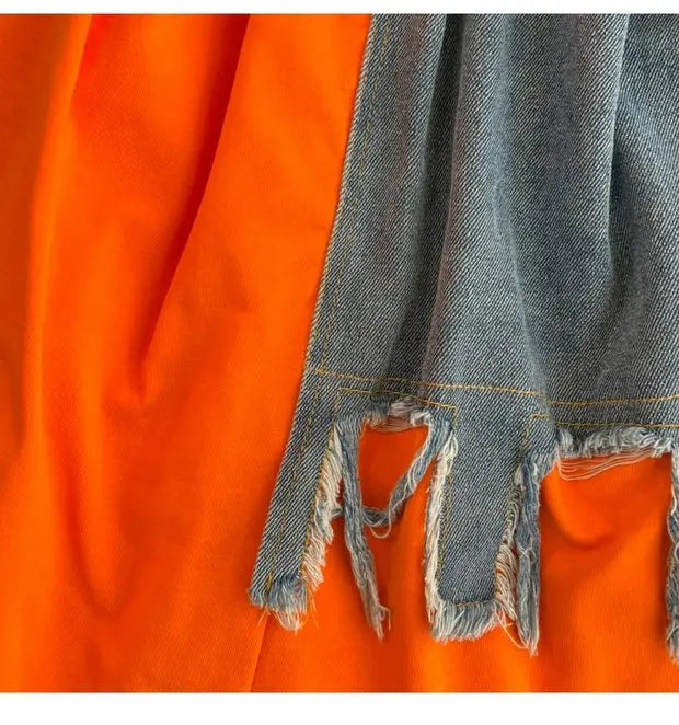 Retro Hong Kong Sle Chic Casual Mid-Length round Ne Patchwork Color Denim irt with Belt Spring New Women's Faion Top