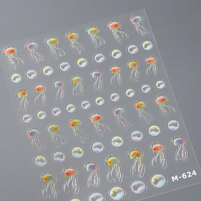 Colorful Bagful Jellyfish Bubbles Swimming Rings Rainbow Stars Ocean Starfish Self Adhesive 5D Nail Art Sticker Manicure Decal