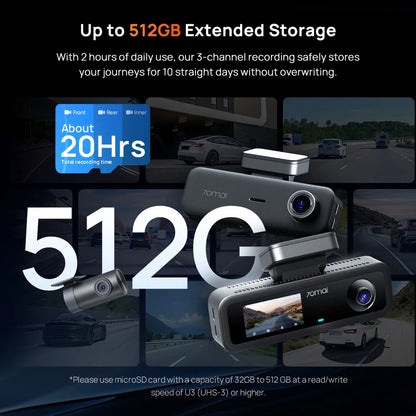 70Mai T800E 3-Channel Dash Cam Front 4K + Rear 1080P + Interior 1080P Hdr Supercapacitor 24H Parking Gps Voice Control Wi-Fi6