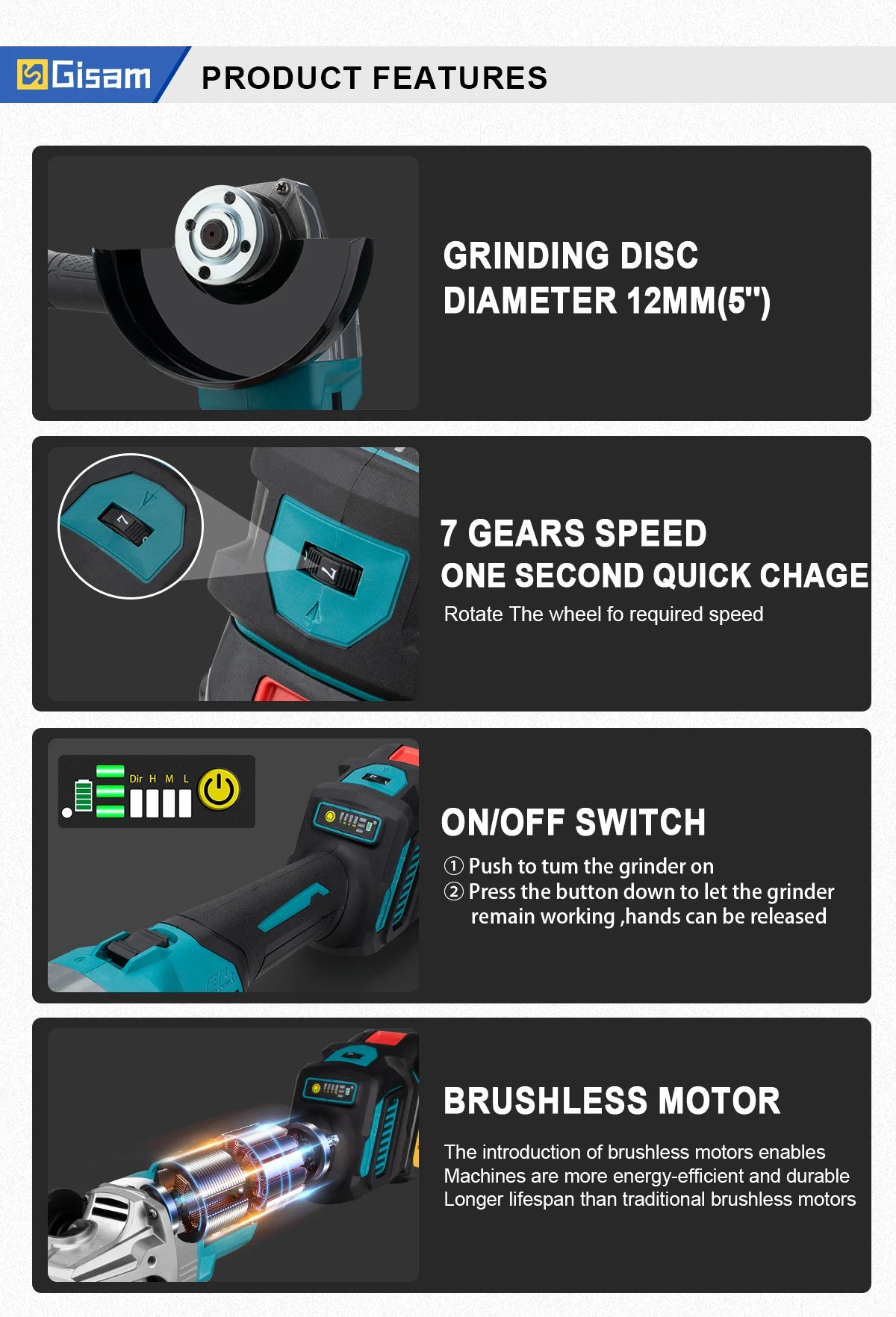 Gisam 125mm M14 Brushless Angle Grinder 7 Gears Cordless Grinding Machine Cutting Woodworking Tools For Makita 18V Battery Pins