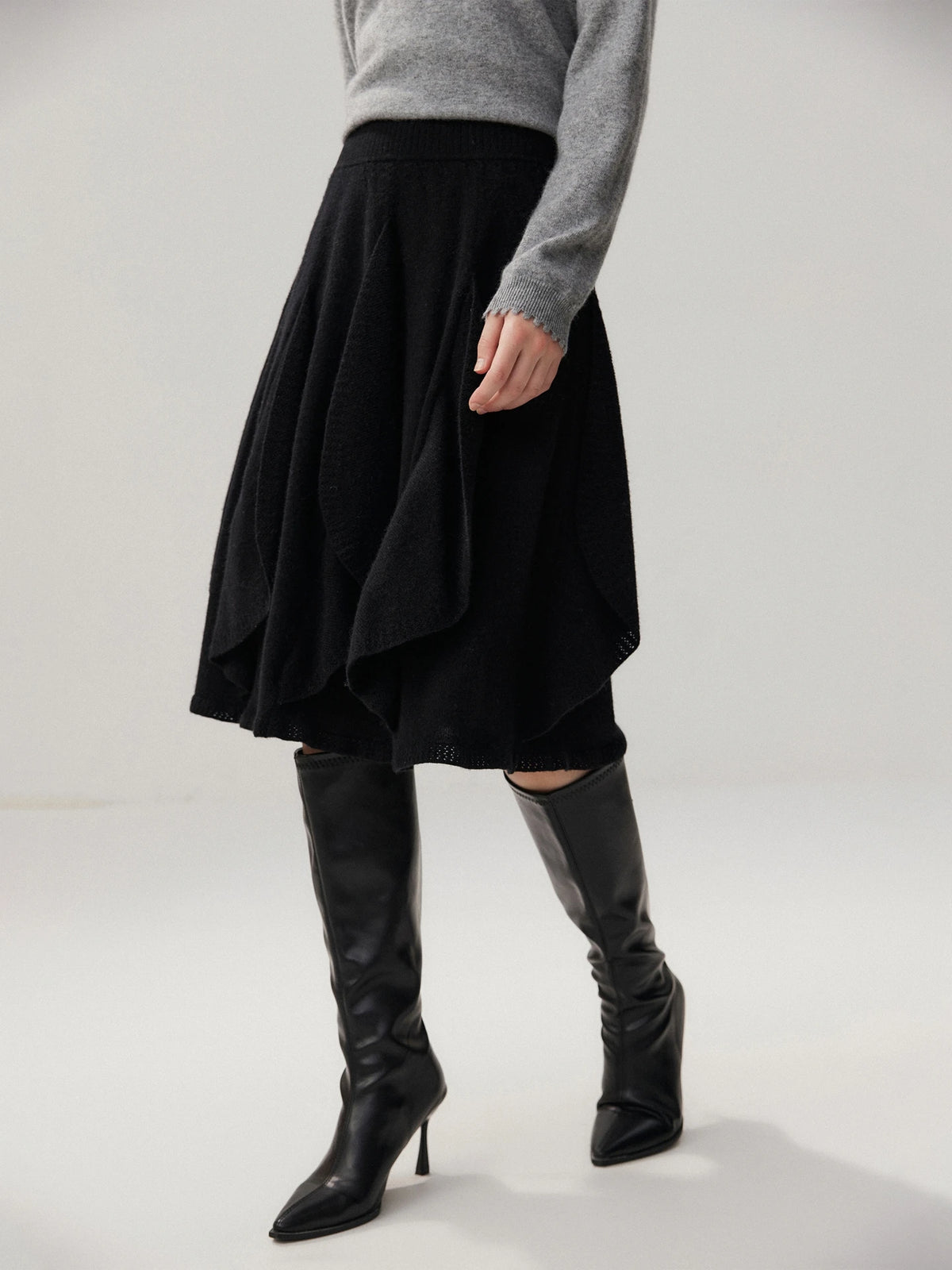 French 100% Pure Cashmere Skirt Ruffle Irregular A-line Soild Midi Sirt Autumn Winter Women Elegant Pleated  Knit Dress Fashion