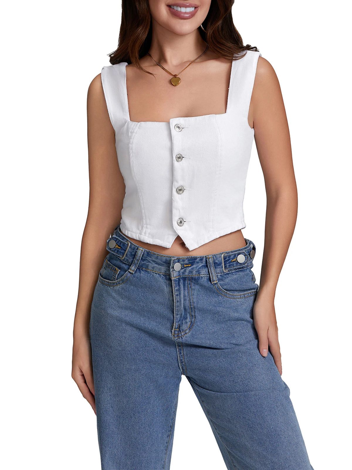 Summer Denim Tank Tops Women Slim Fit Square Neck Backless Back Shirred Sleeveless Button Down Crop Tops for Party Club Night