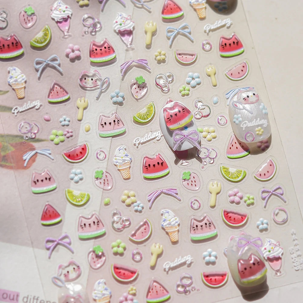 Juicy Red Jelly Tomato Nail Art Sticker Cute Bowknot Glitter Star Kawaii 5D Fruit Self Adhesive Nail Art Decals for Summer DIY