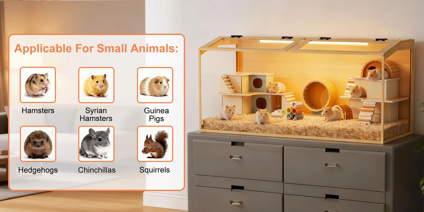 Large Wooden Hamster Cage Clear Tempered Glass Pet Small Animal Habitat Cage Playful Hutch House