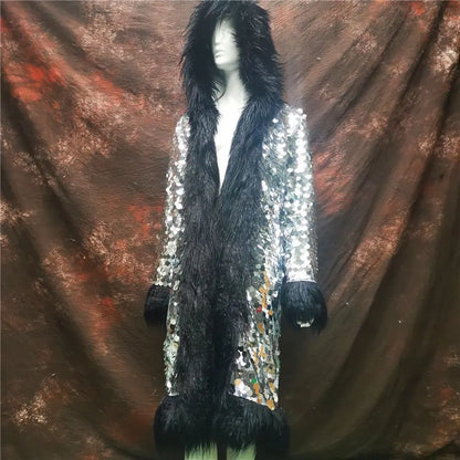 Patchwork Women Hooded Faux Fur Coat Fox Fur Long Sleeve Thick Warm Fur Outerwear Spliced Party Stage Loose Fit Sequined