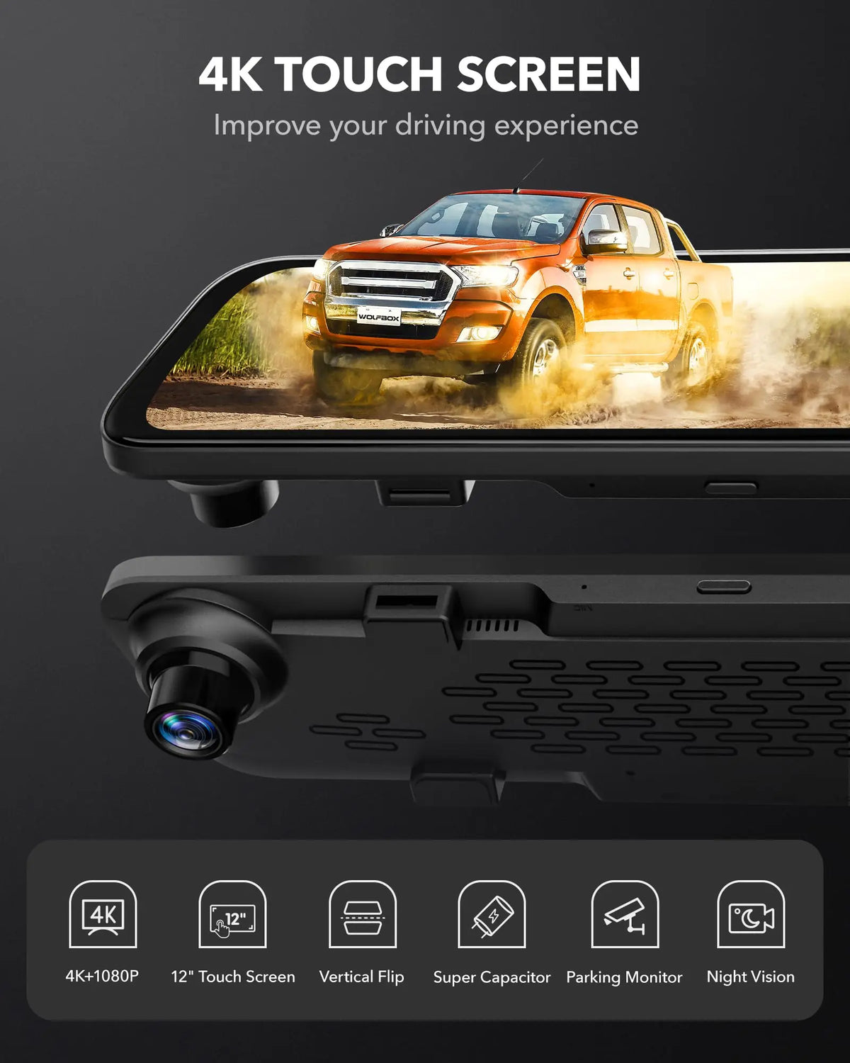 WOLFBOX G840S 12"IPS Dash Camera 4K Rearview Dash Cam GPS Video Recorder Night Vision HD Dual Cameras Car Dvr Parking Monitor