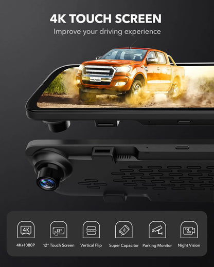 WOLFBOX G840S 12"IPS Dash Camera 4K Rearview Dash Cam GPS Video Recorder Night Vision HD Dual Cameras Car Dvr Parking Monitor