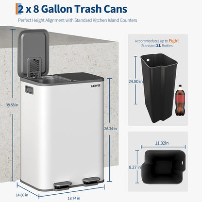 2 * 30L Stainless Steel TrashCan Dual Classification Foot Pedal Bins - Soft Close Lid/Removable Liner Buckets Recycling Solution