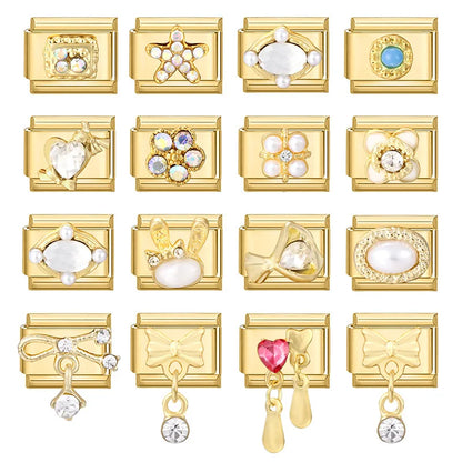 Hot Zircon Rose Flowers Heart Pearl Bowknot Cherry Pendant Italian Charm Links Fit 9mm Stainless Steel Bracelet Women DIY Making