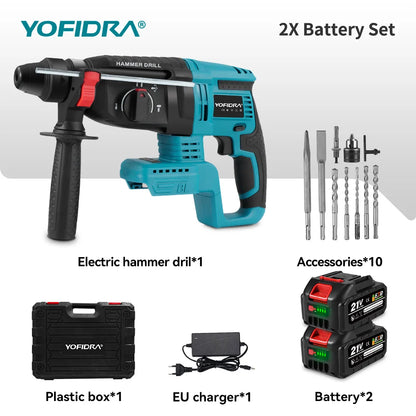 YOFIDRA Brushless Electric Hammer Impact Drill 26MM Cordless Woodworking Impact Drill Power Tools Set For Makita 18V Battery Pin