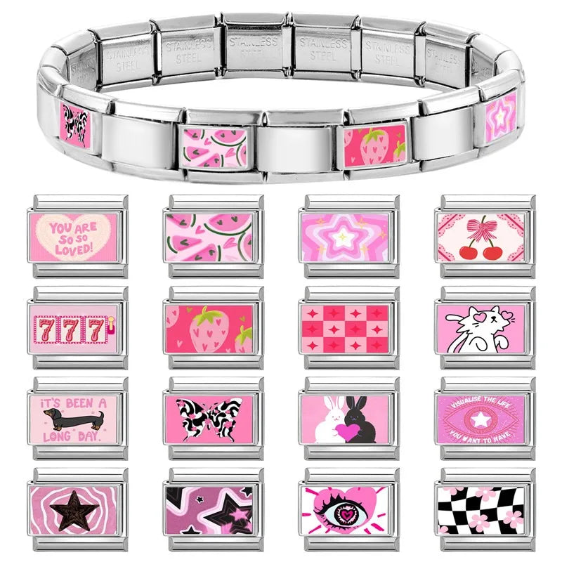 Beautiful Flower Y2K Black Star Dog Heart Pink Italian Charm Link Fit 9mm Stainless Steel Sweet Bracelet Jewelry Making DIY Gift