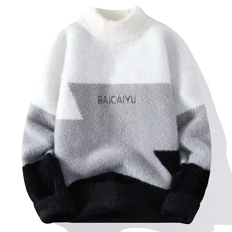 New Men's Plush Sweater Pullovers Korean Winter Warm O Neck Colorblock Sweater High Quality Cool Top Fashionable Men's Clothing