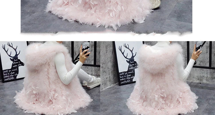 New Turkey feather waistcoat with hat and big swing, medium and long fur coat can be customized