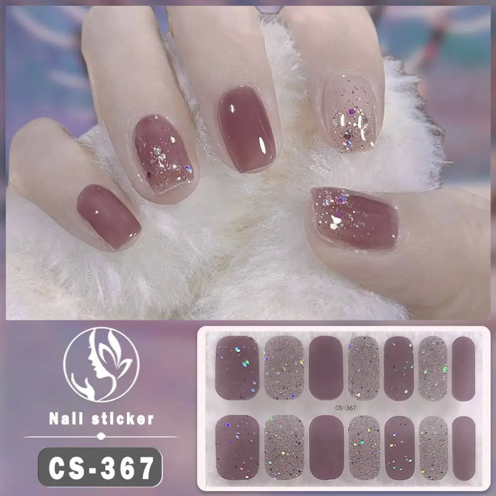 14Tips Semi Cured Gel Nail Stickers Foil Glittering Nail Art Stickers Self-Adhesive Simple Gel Full Nail Wraps