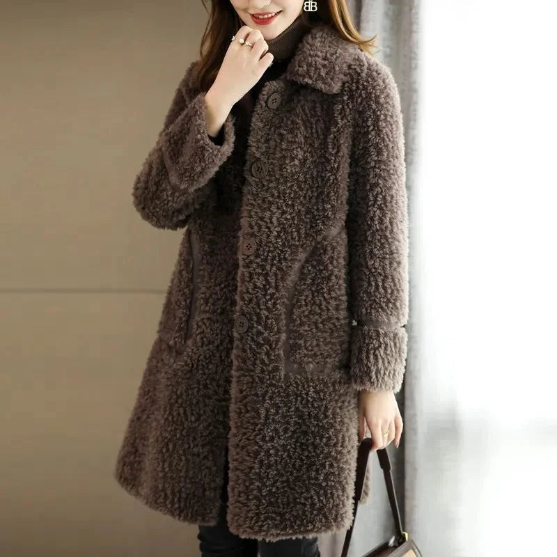 Female Winter Slim Grain Wool Middle Long Coat Women New Middle-Aged And Elderly Cashmere Thickened Imitation Lamb Wool Overcoat