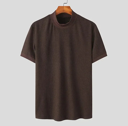 Summer New Casual Simple Knitted Base Shirt European and American Men's High Neck Water Ripple Solid Color T-Shirt
