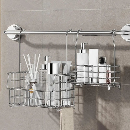 Stainless Steel Bathroom Shelf No-Drill Shower Holder Hanging Organizer Tall-Rail Shower Storage Rack Shower Basket With Hooks