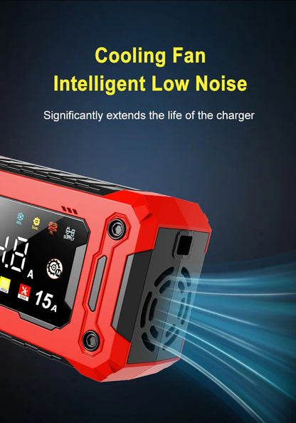 Newest 12V Car Battery Charger 15A/8A Pulse Repair Large Display Smart Charger for Car Motorcycle Lead Acid AGM GEL Batteries