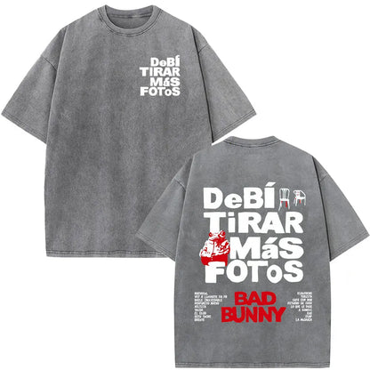 Rapper Bad Bunny Vintage Washed T Shirts Debi Tirar Mas Fotos DTMF T-shirts Men's Clothing Fashion High Quality T-shirt Couples