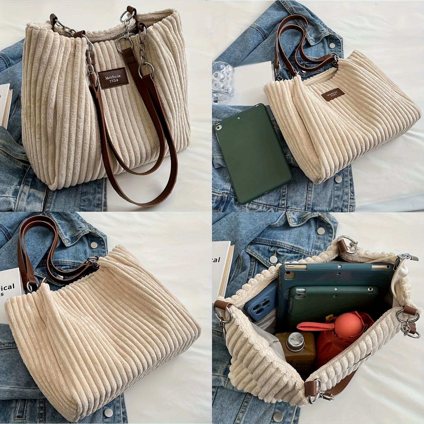 Stylish Corduroy Tote Bag for Women, Large Capacity Plush Shoulder Bag, Versatile Commuter & Travel Bag.
