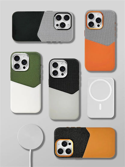 Card Holder MagSafe Leather Case For iPhone 17 Pro Max 16 15 14 Plus 13 12 Pocket Wireless Charging Alloy Lens Hit Color Cover