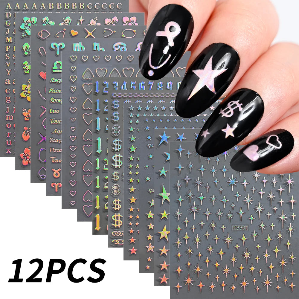 12Pcs 3D Gold Sliver Stars Nail Stickers Bronzing Starlight Nail Art Decals Self Adhesive Slider Decals DIY Nail Tips Decoration