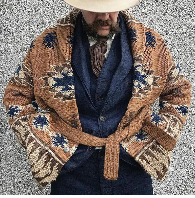 Europe and The United States Men Heavy Jacquard Fashion Sweater Autumn and Winter Retro Casual Thick Cardigan Knit Sweater Coat