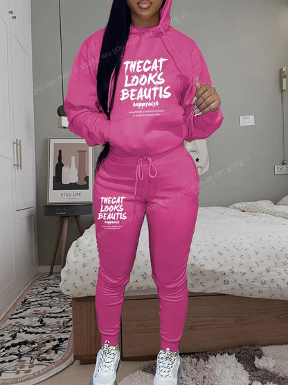 Womens TrackSuit Aesthetic Sweatshirts Sweatpants Two-piece Suit 2025 New Fleece Letter Printing Streetwear Women Hoodie Sets