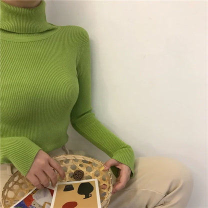 2026 Autumn Winter Sweater Women Knitted Ribbed Pullover Sweater Long Sleeve Turtleneck Slim Jumper Soft Warm Pull Femme