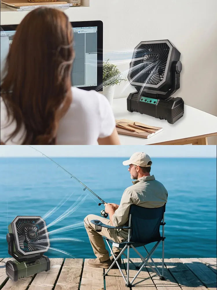 20000 mAh Wireless Battery-Powered Camping Fan with LED Light and Remote Control, 4 Speeds, Timer Function, USB Interface