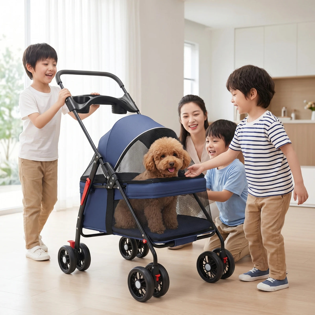Pet Stroller with Storage Basket 4-Wheel Foldable Pet Stroller Collapsible Breathable for Small Dogs, Outdoor Walks, Travel