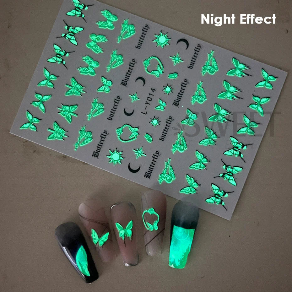 3pcs Luminous Butterfly Nail Decal Stickers Colorful Blue Butterfly Series Design Glow In The Dark Night Polish Sliders Manicure