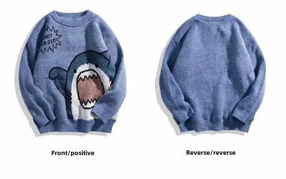 Autumn/Winter Japanese Cartoon Shark Round Neck Couple Sweater Men's Trendy Brand Loose-Fit Korean Knitted Top Hong Kong Style