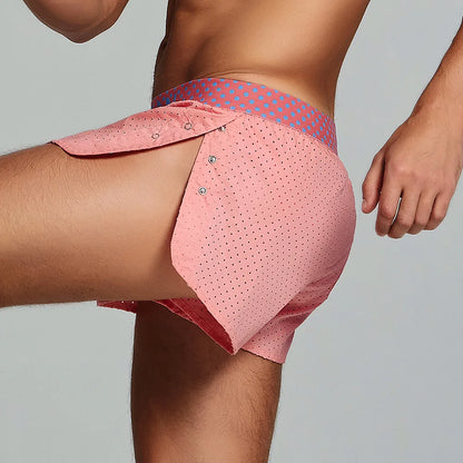 Men's Casual Shorts Side Fork Button Design Outdoor Aro Pants Mesh Breath Summer Beach Board Shorts Teenager Home Jog Gym Trunks