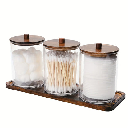 3 Pack Swab/Ball/Pad Holder with Wooden Tray, Qtip Apothecary Jar, Clear Bathroom Containers Dispenser for Storage