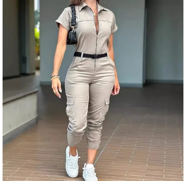 Fashion Women's Jumpsuit New Sexy Zipper Workwear Short Sleeved Lapel Multi Pocket Waistband Bodysuit Pants Female 2024 Summer