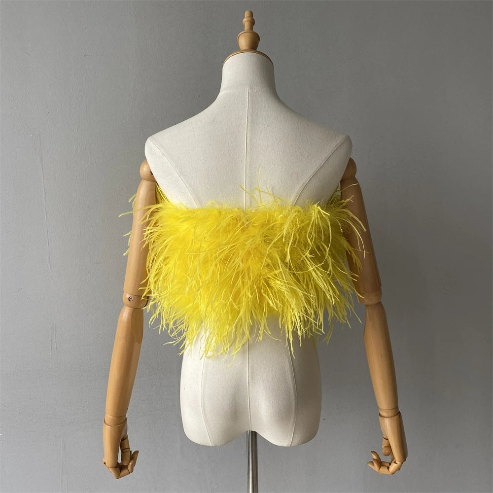Jaxmonoy New Women Ostrich Feather Tube Spring Summer Sexy Stretch Top Bra Lady Party Wedding Fashion Sleeveless Cropped Top
