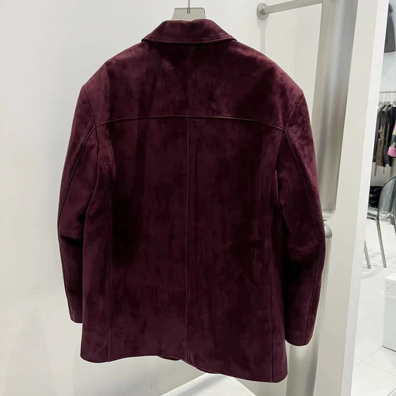 French High-end Western-style Leather Jacket for Women 2026 New Color Purple Red Oversized Casual Kid Suede Suit Blazer Outwears