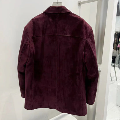 French High-end Western-style Leather Jacket for Women 2026 New Color Purple Red Oversized Casual Kid Suede Suit Blazer Outwears